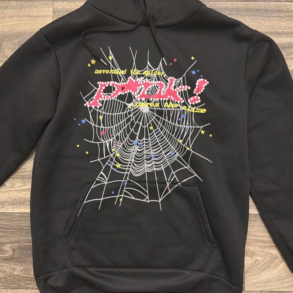 Men M Black Pullover Hoodie Streetwear Spider Stars Graphic Kangaroo Y2K Concert